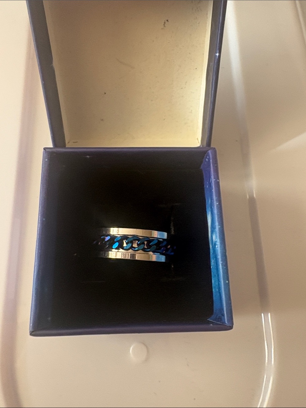 Blue Chain Accent Stainless Steel Ring